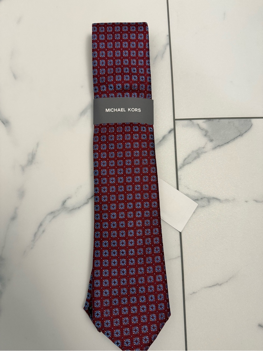 Michael Kors Burgundy and Blue Geometric Silk Tie